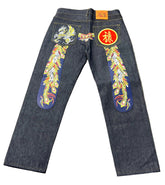 Evisu Embroidered Blue/Yellow Dragon Feather Jeans