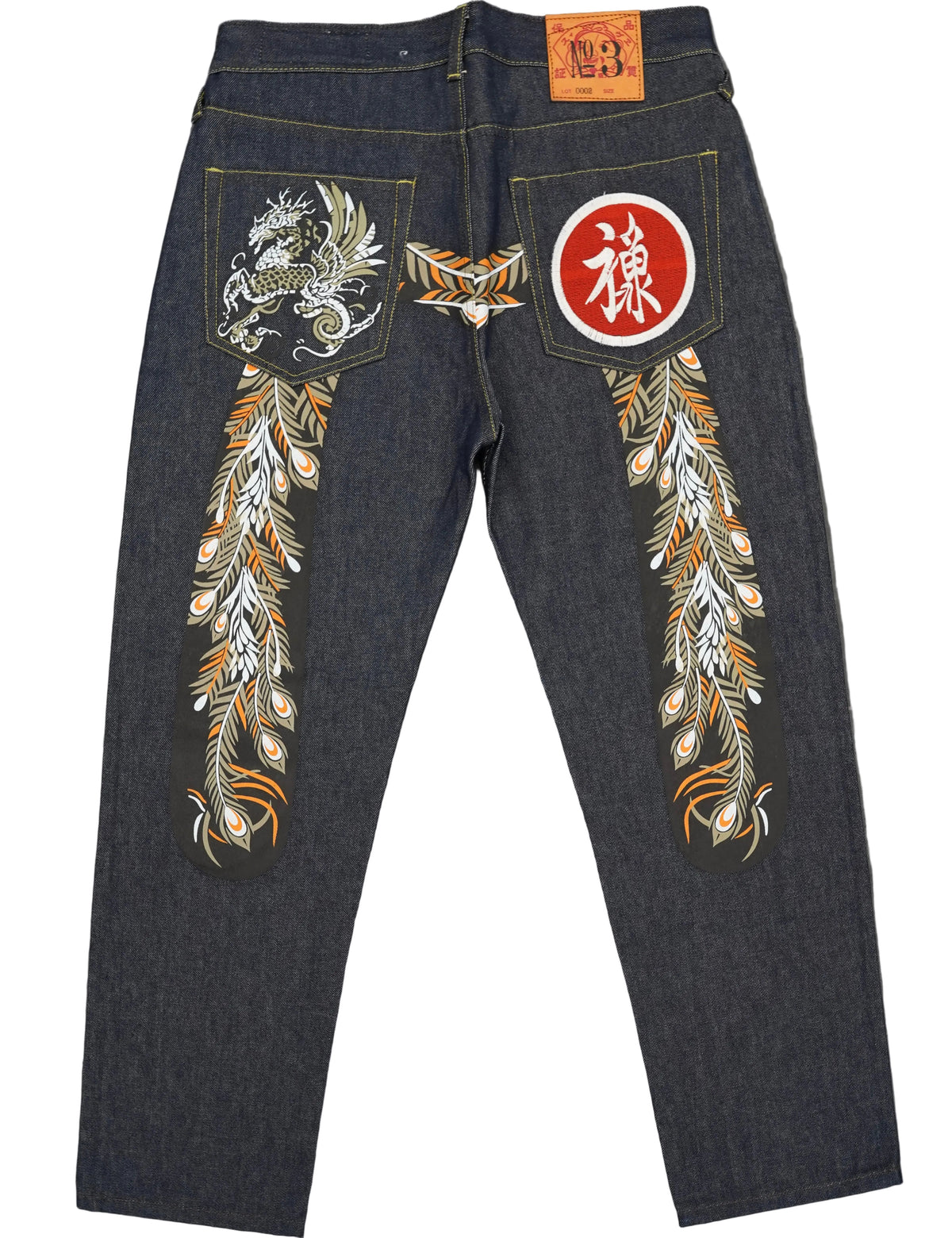 Evisu Embroidered Orange Dragon Feather Jeans
