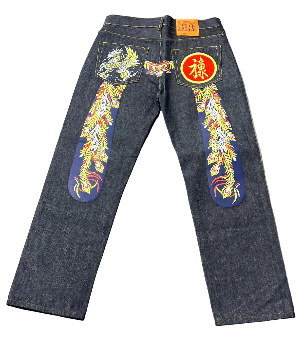 Evisu Embroidered Blue/Yellow Dragon Feather Jeans