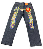 Evisu Embroidered Blue/Yellow Dragon Feather Jeans