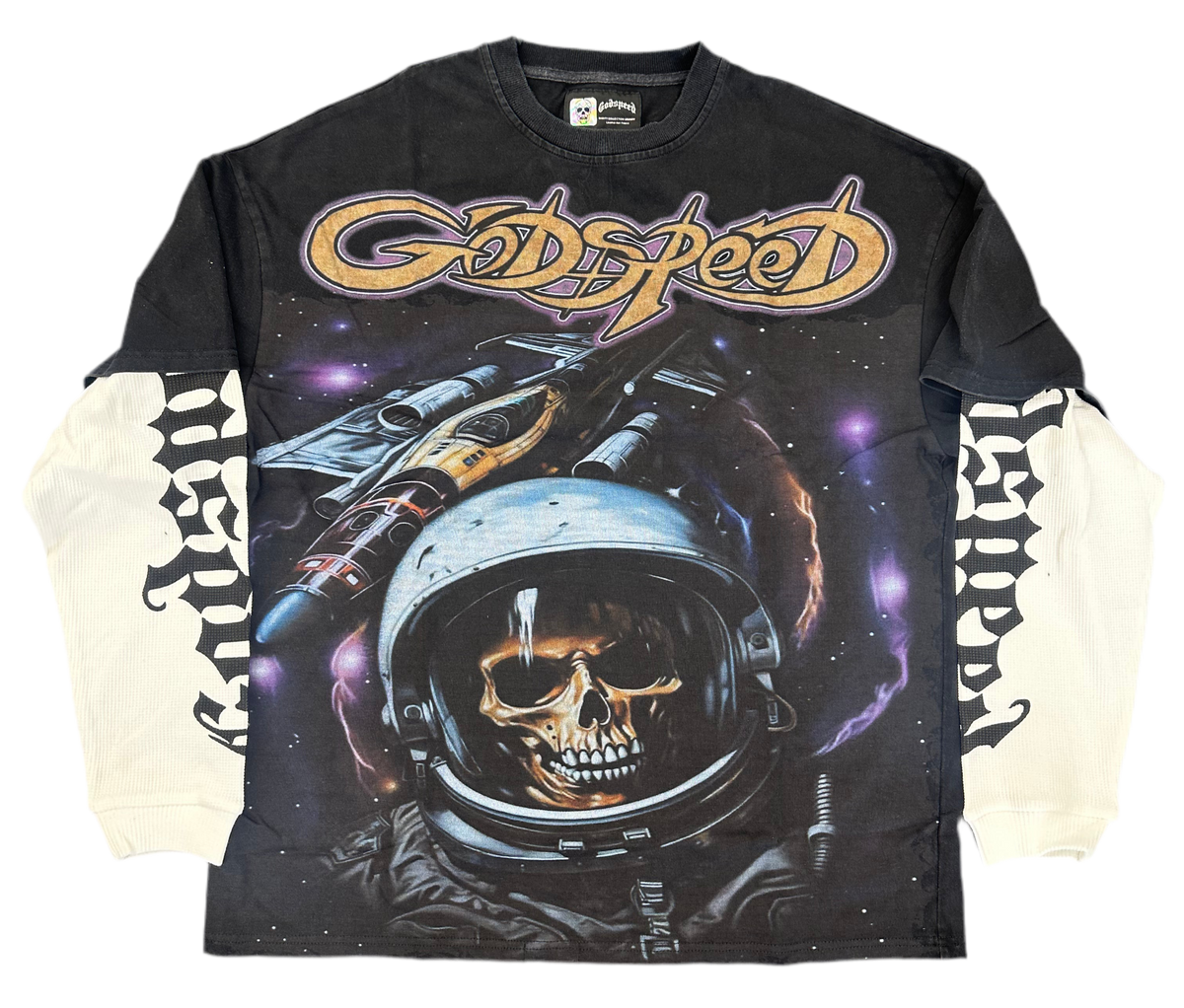 Godspeed Space Traveler Layered Long Sleeve Tee Shirt Black Orange