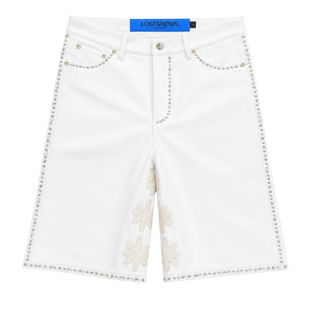 LostShdws Embellished Sun Logo Leather Shorts White
