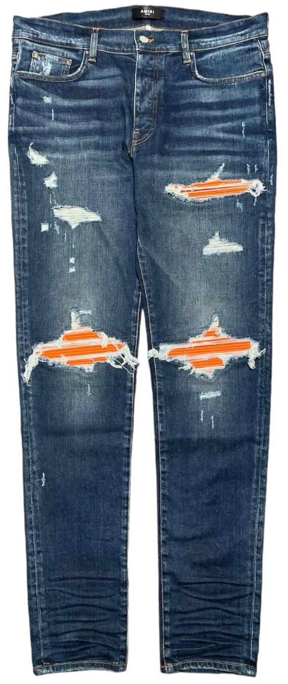 Amiri MX1 Orange Suede Patch Jeans Deep Classic Indigo