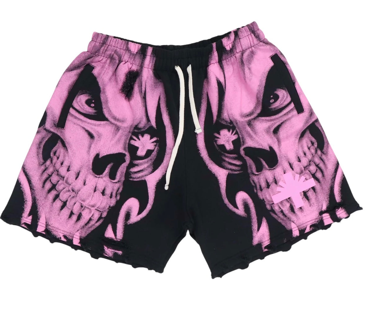 VERTABRAE PINK SKULL STORM DISTRESSED BLACK SHORTS