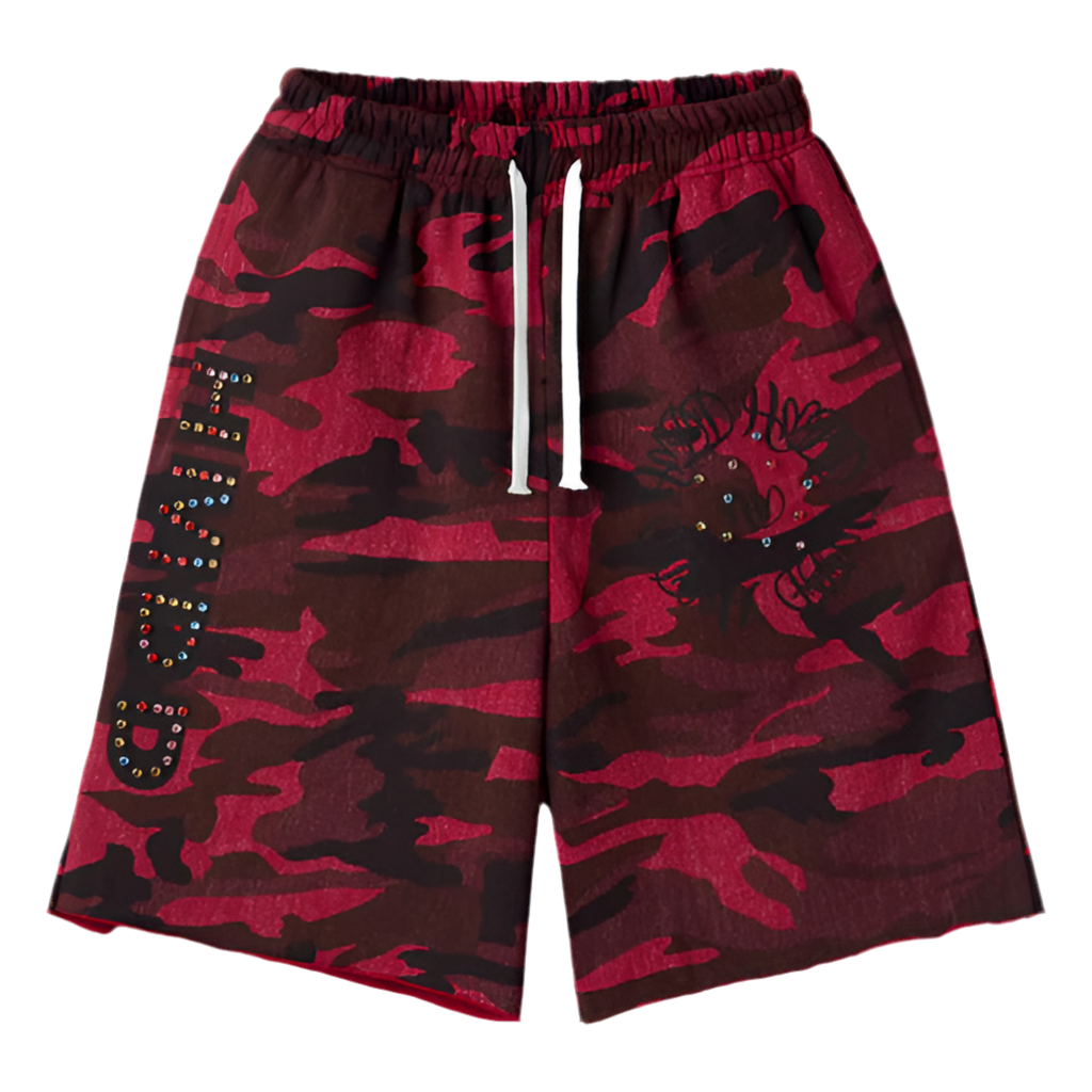 HAPPY MEMORIES DON'T DIE HMDD 'CHIMSTONE' RED CAMO SWEAT SHORTS