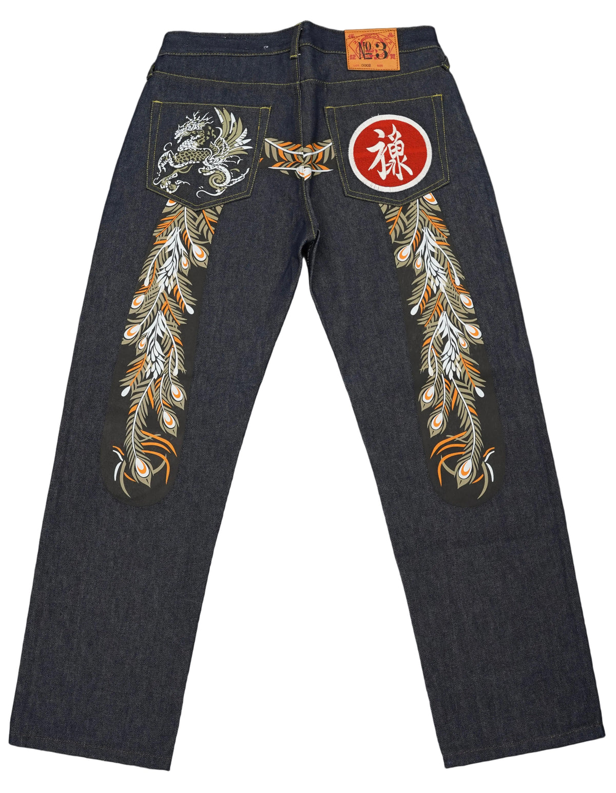 Evisu Embroidered Orange Dragon Feather Jeans