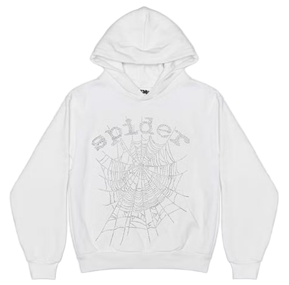 Sp5der OG Rhinestone Logo Hoodie White