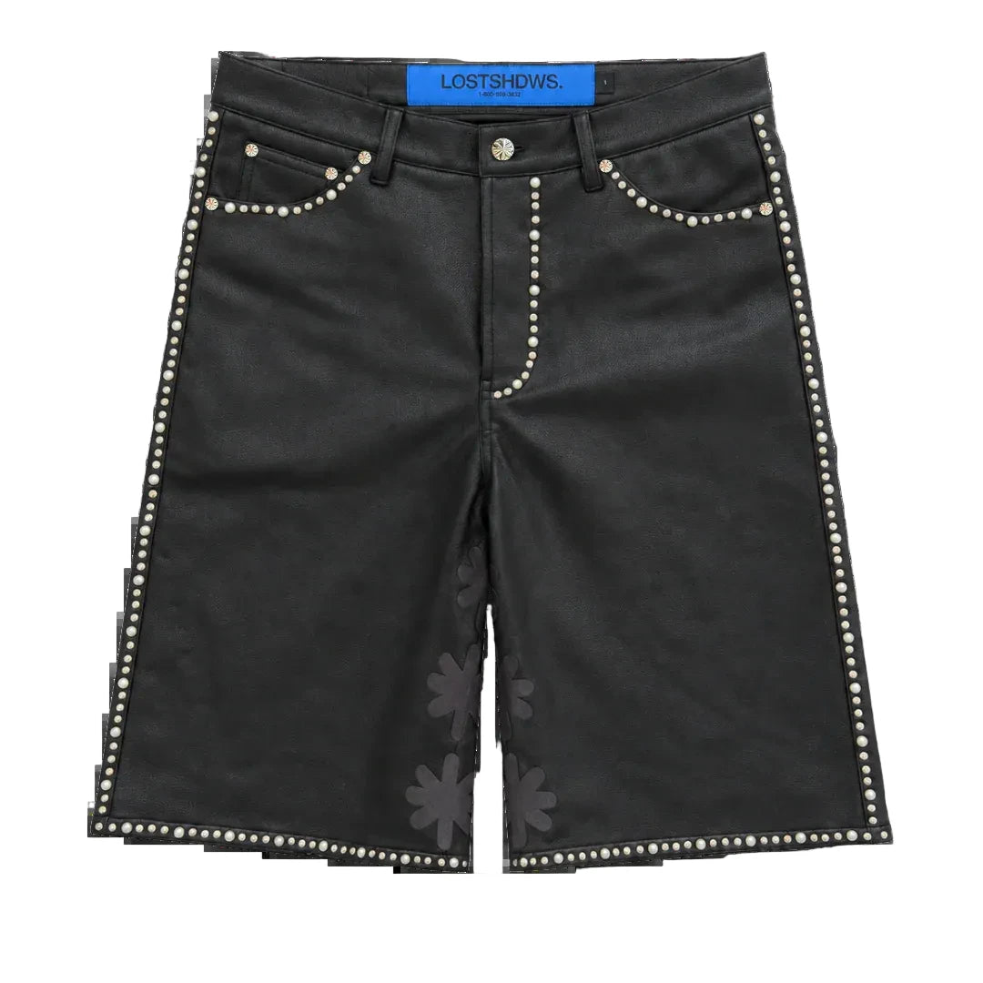 LostShdws Embellished Sun Logo Leather Shorts Black