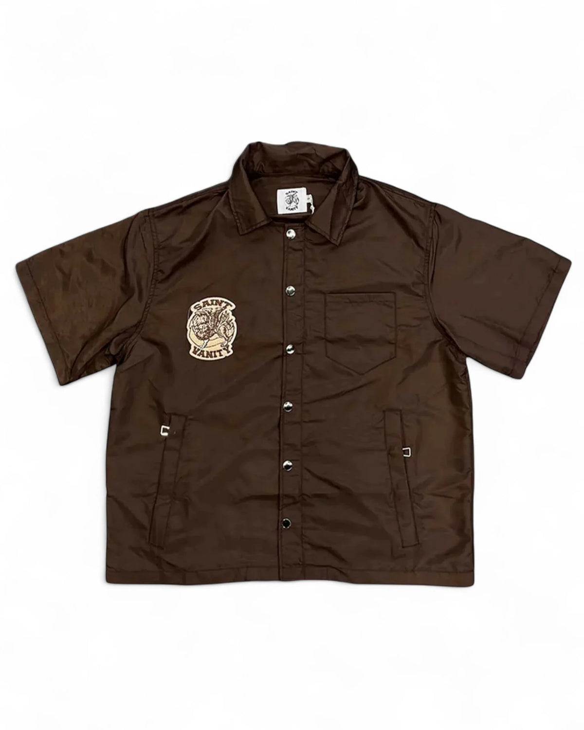 Saint Vanity Nylon Logo Button Up Shirt Brown